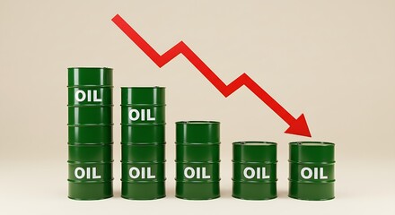 Green oil barrels stacked in decreasing height alongside a prominent red arrow pointing downwards visually represent a significant decline in oil prices and market volatility.
