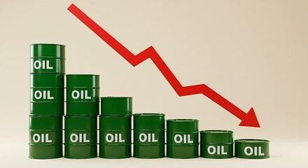 Against a neutral backdrop, the arrangement of oil barrels and a downward-sloping red arrow powerfully depicts the decreasing value of oil, reflecting shifts in energy trends and economic sustainabili