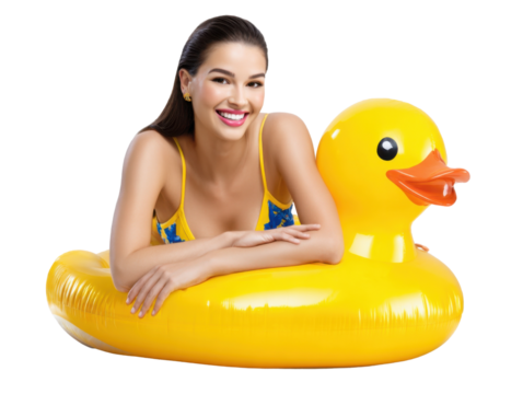 Joyful summer day: A beautiful woman with a radiant smile sits atop a large inflatable duck, embodying the carefree spirit of a sunny summer day. Capture the joy, leisure. - Powered by Adobe