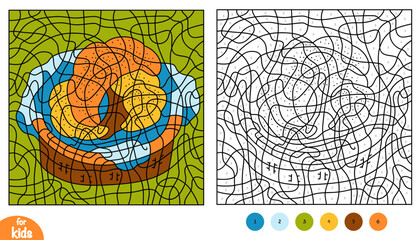 Color by number, education game for children, croissants in a basket