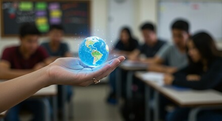 Hand holding a holographic globe in a classroom, symbolizing global learning and environmental awareness.