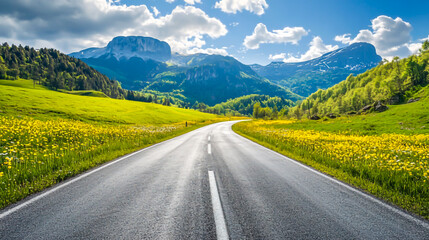 Naklejka premium Spring road landscape in beautiful nature travel, spring colors in mountain road scenery