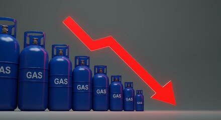 The decreasing sizes of labeled gas cylinders accompanied by a bold red descending arrow effectively communicate a fall in gas prices, impacting household budgets and driving demand for alternative fu
