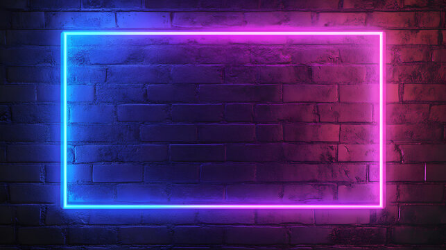 Neon rectangle frame glowing on textured brick wall creating a futuristic background