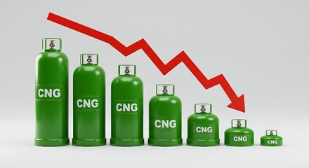 This impactful visual uses diminishing CNG tanks and a stark red arrow to symbolize a downturn in the compressed natural gas sector, prompting discussions on economic shifts and the future of sustaina