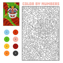 Color by number worksheet with a traditional Chinese dragon. Fun Lunar New Year activity for kids. Printable educational game with numbers