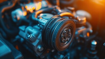 Close-up of a car engine's pulley system