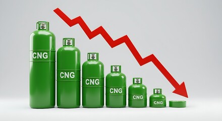 This impactful visual uses diminishing CNG tanks and a stark red arrow to symbolize a downturn in the compressed natural gas sector, prompting discussions on economic shifts and the future of sustaina