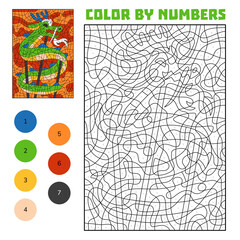 Color by number worksheet with a traditional dragon puppet on sticks. Fun Lunar New Year activity for kids. Printable educational game with numbers