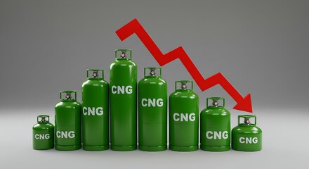 Green CNG gas cylinders, varying in size and arranged in a declining sequence with a red arrow pointing downwards, graphically illustrate a significant drop in CNG prices and market trends.