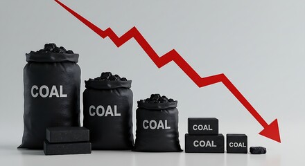 Against a dark, somber backdrop, the receding line of coal sacks and a clear red downward arrow powerfully represents a significant decrease in the value or use of coal, reflecting broader energy mark