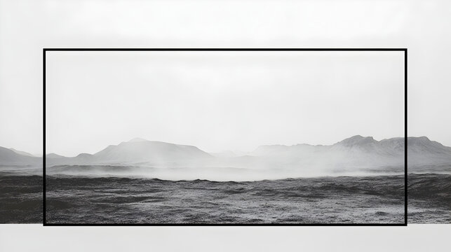 Serene black and white coastal landscape encompassed by a modern architectural frame - Powered by Adobe