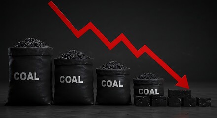 This impactful visual uses shrinking sacks of coal and a stark red arrow to symbolize a downturn in the fossil fuel industry, prompting discussions on economic transitions and the future of sustainabl