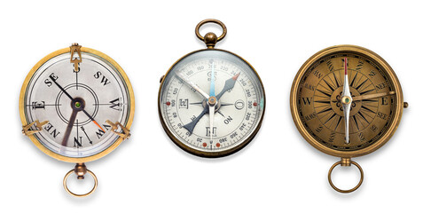 Old geographical compasses collection isolated on a white background. Retro compass is a wonderful element for your design.