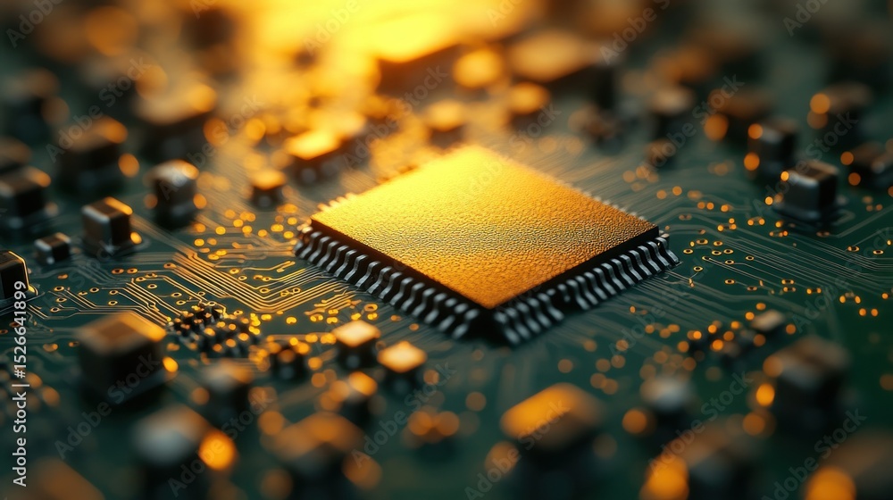 Poster close-up of a golden-lit cpu on a circuit board