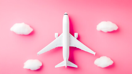 Top view of white plane model on pink with clouds