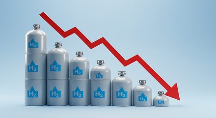 The decreasing sizes of labeled H2 cylinders alongside a prominent red descending arrow effectively communicate a fall in hydrogen prices, impacting industry adoption and driving demand for more acces