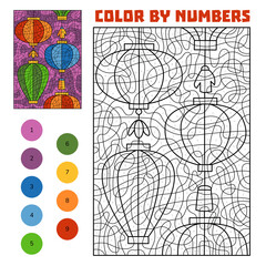 Color by number printable with traditional Chinese and Vietnamese lanterns. Educational worksheet for Lunar New Year celebration and culture learning