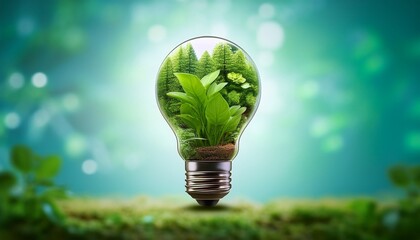 conceptual light bulb filled with green plants representing sustainable energy