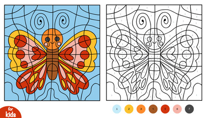 Color by number butterfly for kids. Educational printable coloring page with cute cartoon insect, contour lines and numbered areas