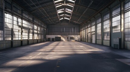 Empty industrial warehouse interior. Sunlight streams through large windows, illuminating the spacious floor