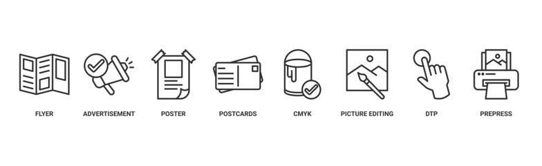 Print banner web icon vector illustration concept with icon of flyer, advertisement, brochure, poster, postcards, cmyk, picture editing, dtp, and prepress