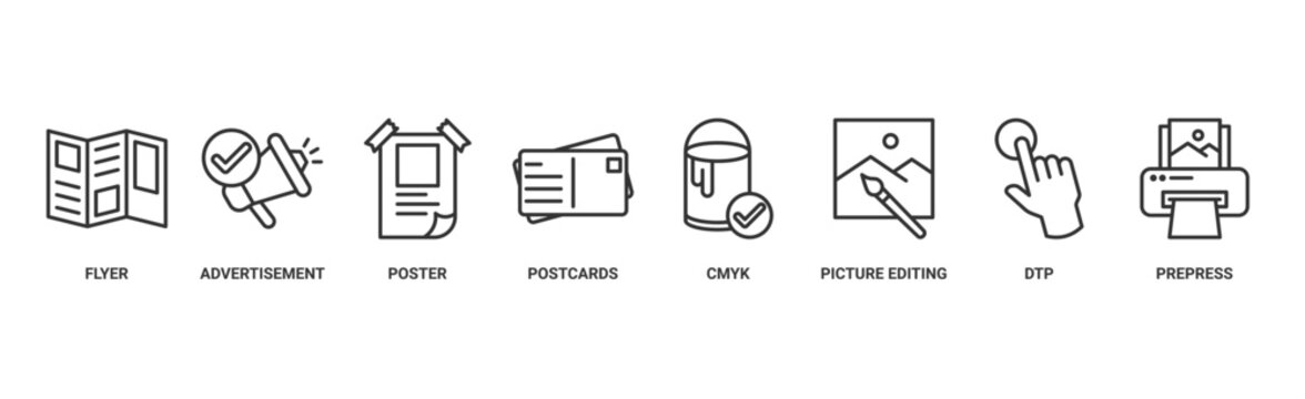Print banner web icon vector illustration concept with icon of flyer, advertisement, brochure, poster, postcards, cmyk, picture editing, dtp, and prepress