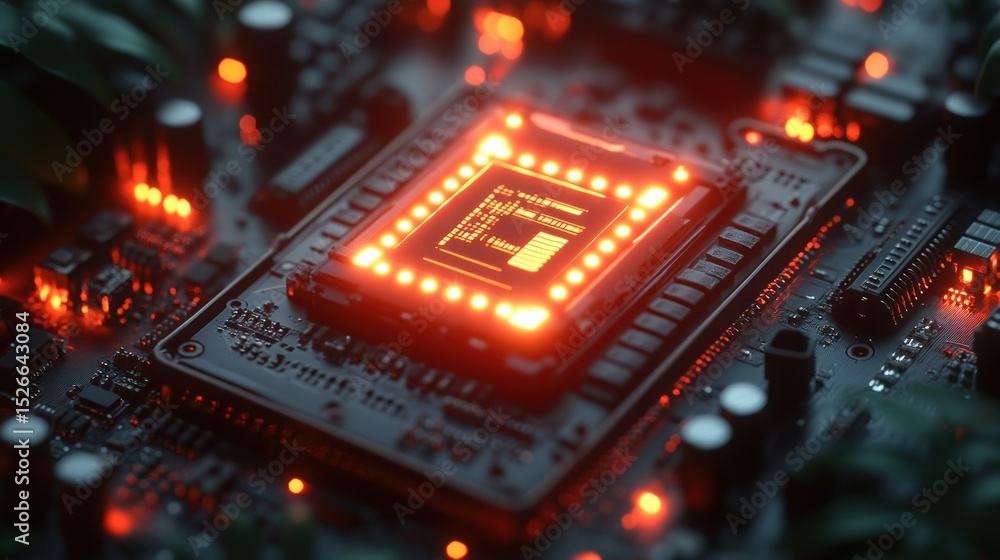 Poster close-up of glowing cpu on circuit board