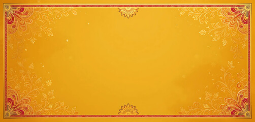 Traditional celebration background with soft turmeric yellow base, paisley motifs, and gold foil borders, styled for a mehndi or puja invite.