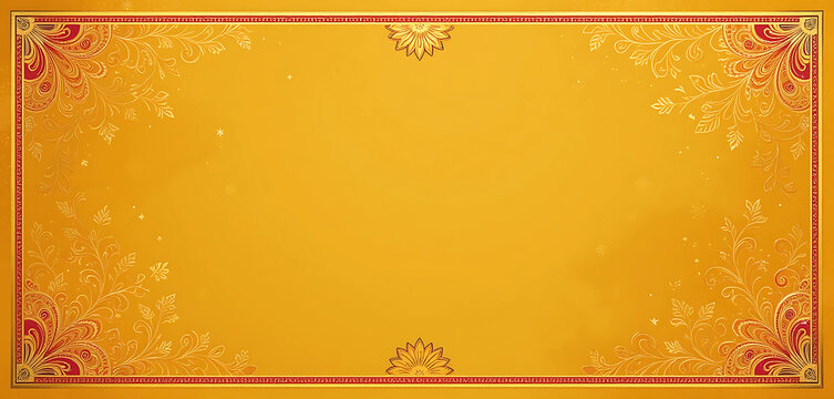 Traditional celebration background with soft turmeric yellow base, paisley motifs, and gold foil borders, styled for a mehndi or puja invite."