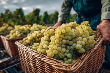 Obraz premium Baskets Overflowing with Harvested White Grapes Under Soft Blue Sky