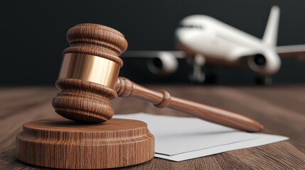 Airline law concept with gavel and airplane Wooden gavel and legal documents in front of a blurred airplane, symbolizing aviation law, airline regulations, or travel disputes