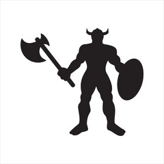 Viking warrior silhouette vector icon with axe and shield