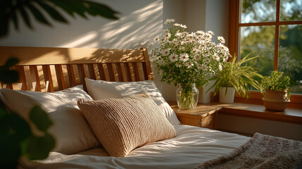 Serene Bedroom Oasis: A sunlit bedroom sanctuary, featuring a wooden bed adorned with pillows and a floral bouquet, framed by a window overlooking the natural world.