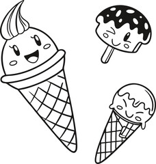 A vibrant vector illustration of a set of delicious ice cream cones, featuring chocolate, vanilla, and strawberry flavors, perfect for a sweet summer dessert design