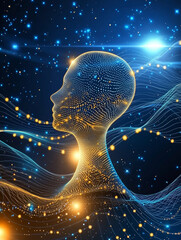 Digital silhouette of human head is illuminated with vibrant blue and orange lights, surrounded by starry background and flowing lines