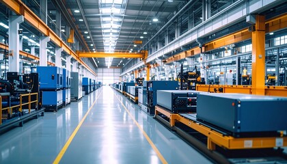 Fototapeta premium Automotive industrial supply chain mechanical parts concept. Modern industrial warehouse with machinery and equipment arranged neatly.