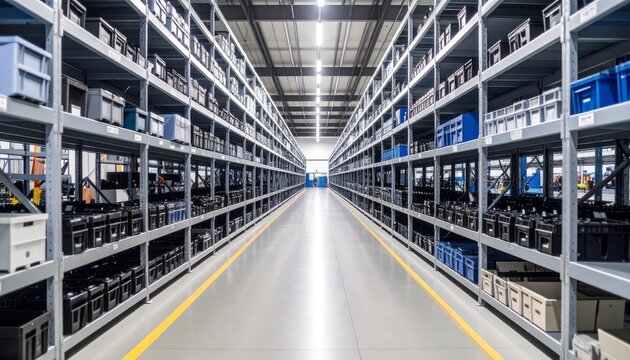 Automotive industrial supply chain mechanical parts concept. Warehouse with organized shelves and storage containers lined up neatly.