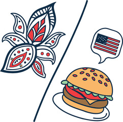 A vibrant vector illustration set of cartoon fast food icons, featuring delicious hamburgers, pizza, and sandwiches for a quick meal