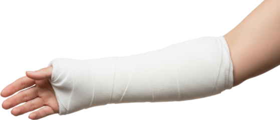 Close-up of a human arm wrapped in a white medical cast, extending from the upper arm to the fingers, suggesting a broken or fractured limb being treated and stabilized. Transparent Background