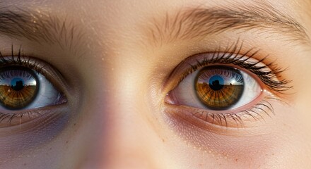 Close-up shot of a pair of hazel eyes with long lashes, capturing their intricate details and reflections.