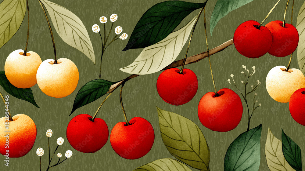 Poster ripe cherry on the vine: close-up image showcases a vibrant display of ripe cherries and leaves on t