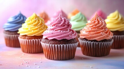 Colorful cupcakes with swirls of frosting