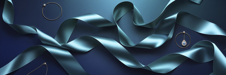 Elegant jewelry and silk ribbon arranged beautifully on a dark background for a stylish presentation