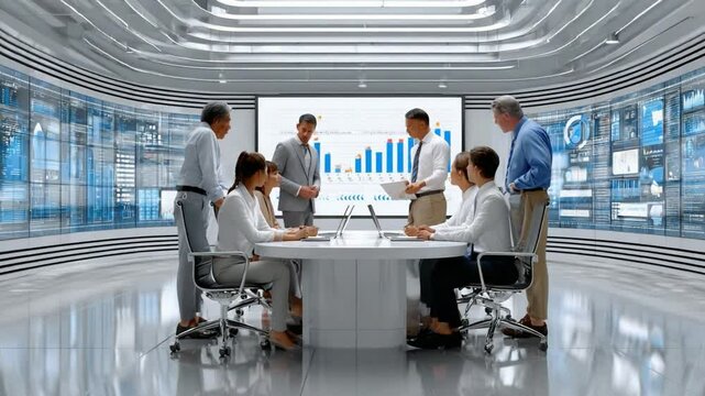 Strategic Collaboration: A team of professionals gather in a state-of-the-art business environment to discuss and analyze data, a tableau of modern workplace efficiency and strategic acumen.