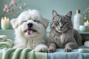 Happy dog and relaxed cat enjoying a cozy moment together in a tranquil indoor setting