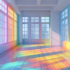 Obraz premium Empty room with vibrant rainbow hues illuminating through large windows