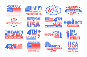 Independence day of USA badges with patriotic design and american national holiday greeting quotes