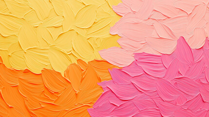 Bright and vibrant abstract texture featuring layers of yellow, orange, pink, and peach paint, creating lively and energetic visual expression