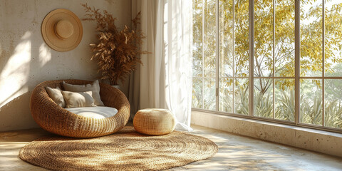Soft summer with rattan furniture, sun hats